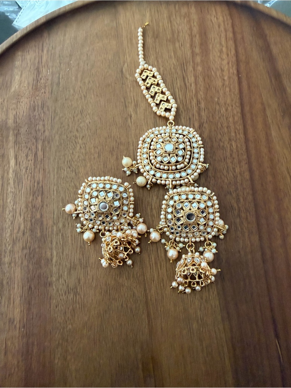 Gold-Tone Pearl Kundan Maang Tikka and Jhumka Earrings Set